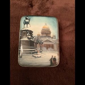 Hand painted and lacquered Russian box 4X3 1/8X 1 1/8”,Statue in St. Petersburg
